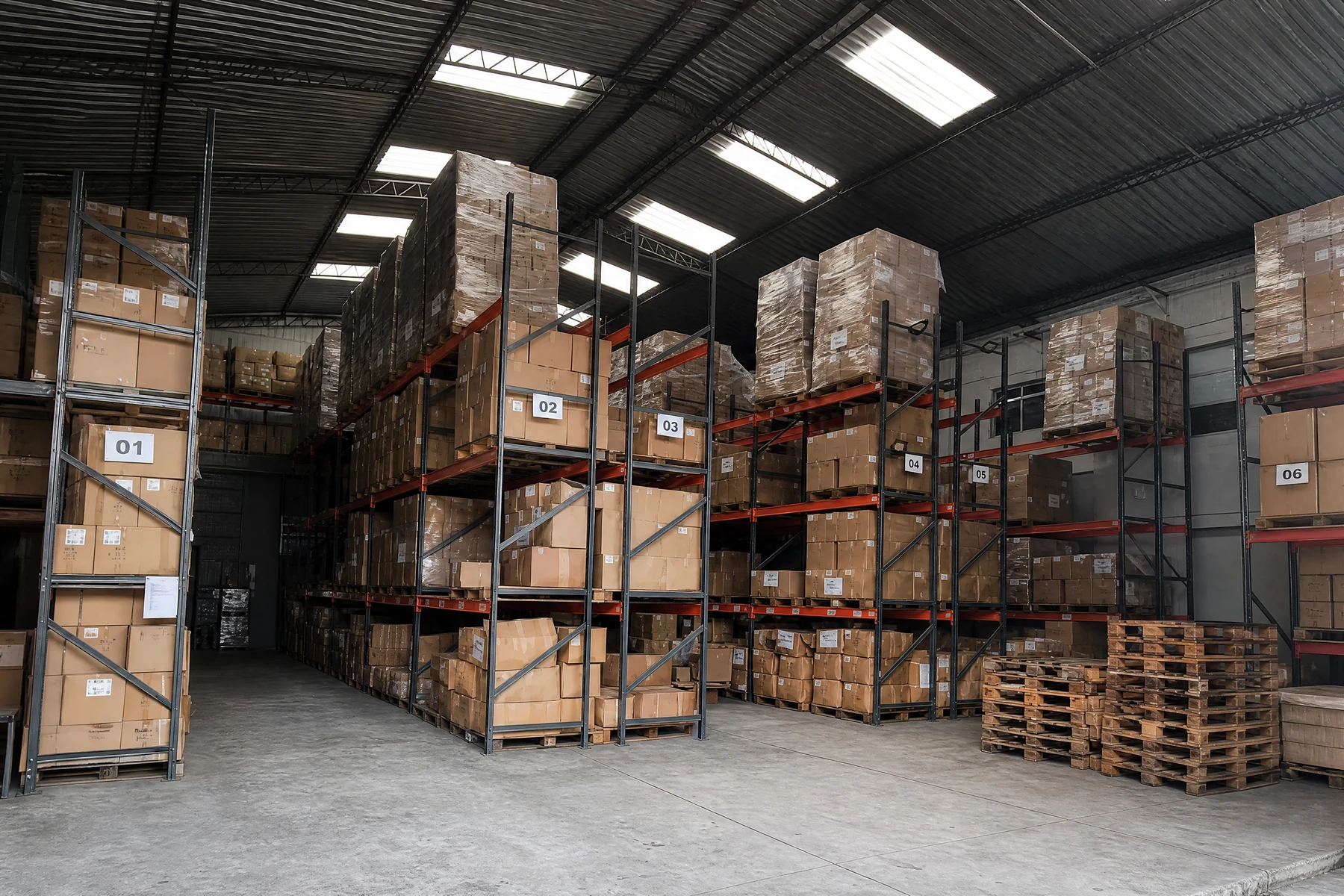 Armazém real do Grupo Infinit com racks, caixas paletizadas e áreas de circulação