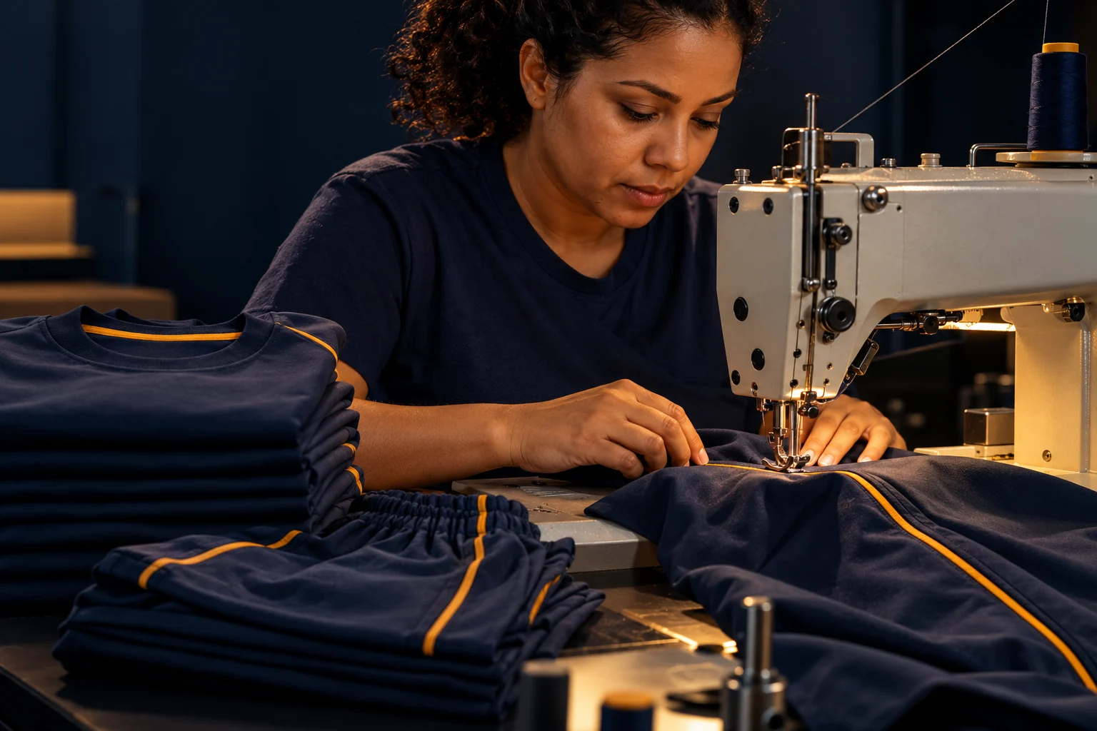 Confecção de uniformes azul-marinho com detalhes amarelos, imagem ilustrativa criada com IA
